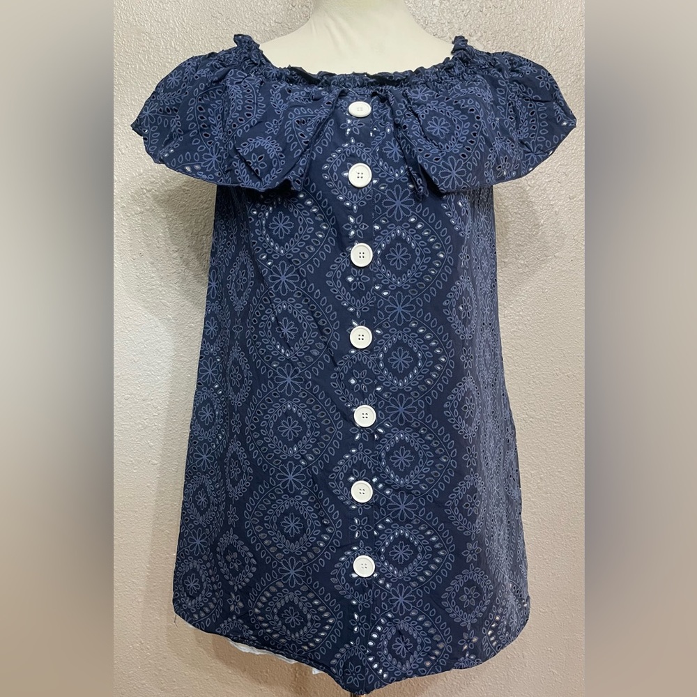 Zara Eyelet Ruffle Off the Shoulder Mini Dress Navy 100% Cotton